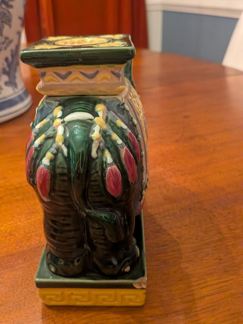 Vintage Chinoiserie Ceramic Elephant Planter Candle Holder, Green Glazed Pottery